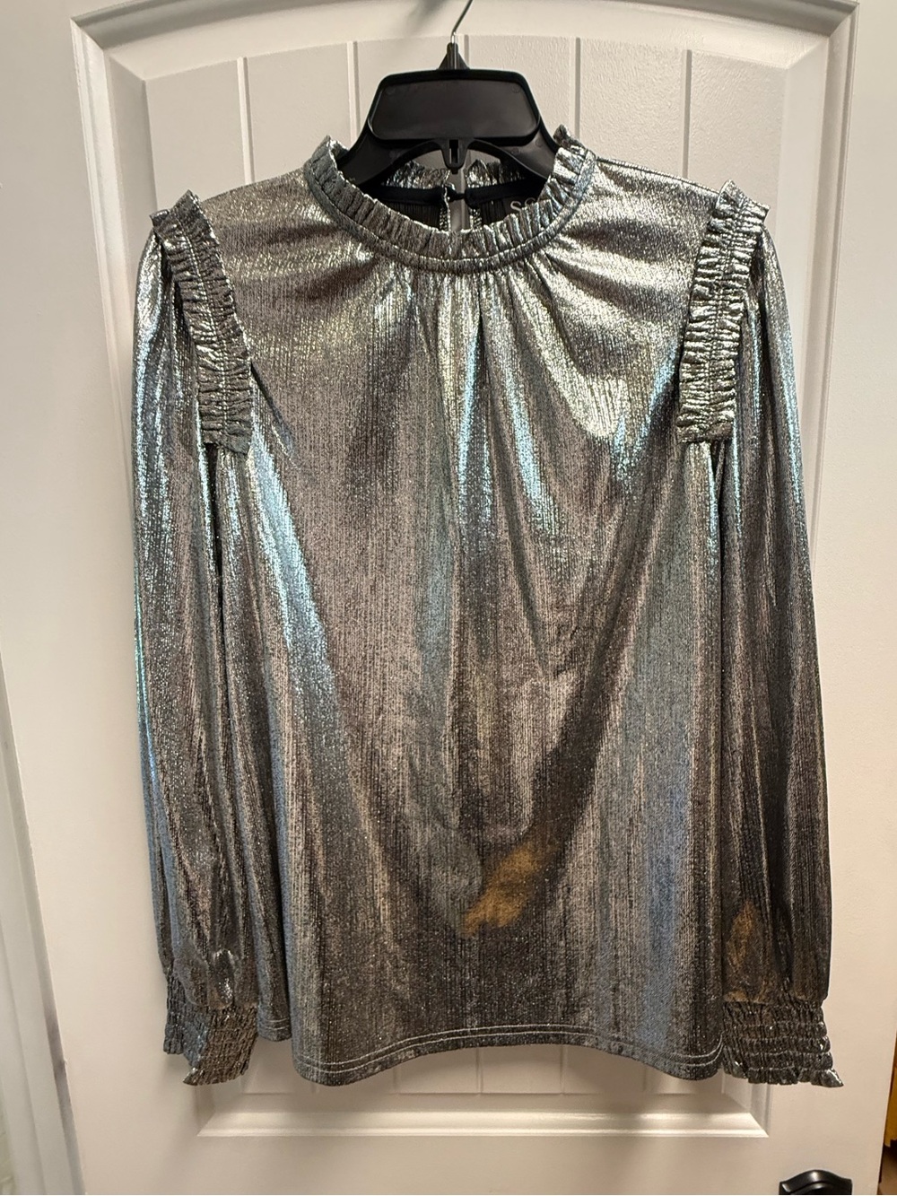 SSYS Silver Metallic Ruffle High Neck Long Sleeve Party Blouse Size Small